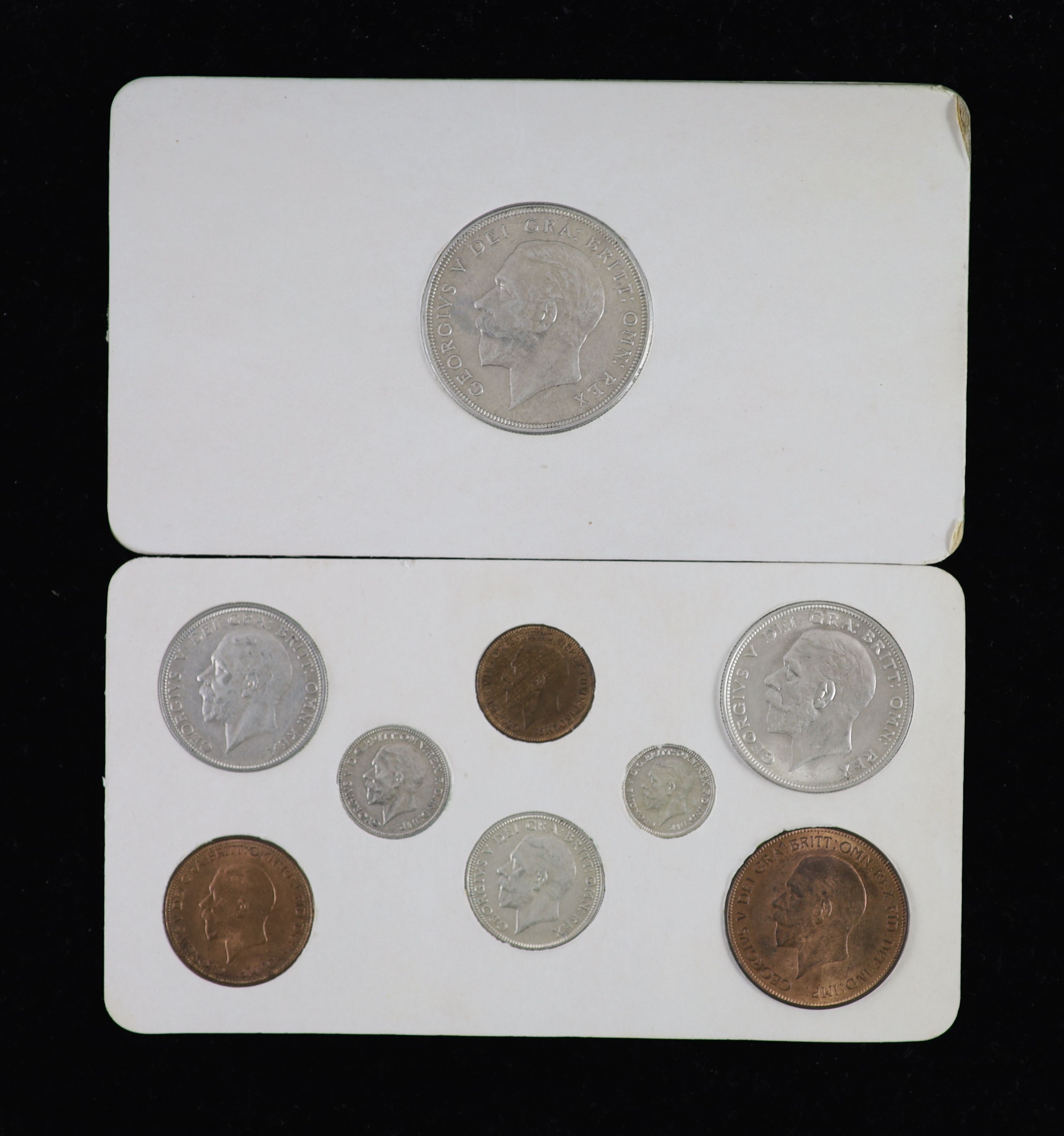 A George V specimen set of nine coins, 1931, fourth coinage, comprising Crown, (S4036), cleaned otherwise about EF, halfcrown and threepence, cleaned otherwise about EF or better, florin, shilling and sixpence, cleaned g